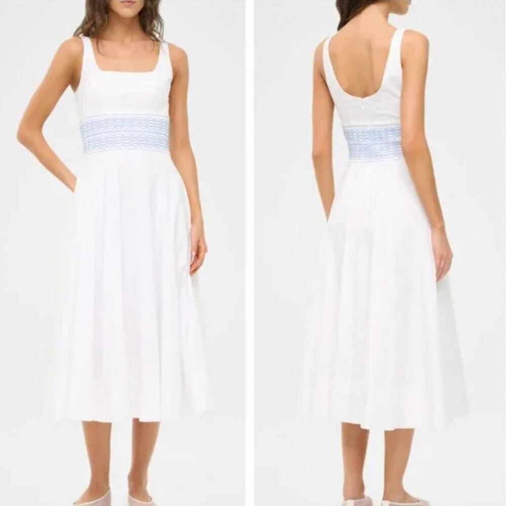 NWT STAUD Rig Embroidered Midi Dress - White Blue Cotton Cocktail - Picture 1 of 10